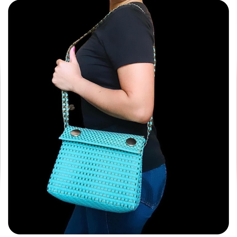 Turquoise Blue Woven Crossbody Bag Silver Snap Closure Purse Handbag - Picture 2 of 6